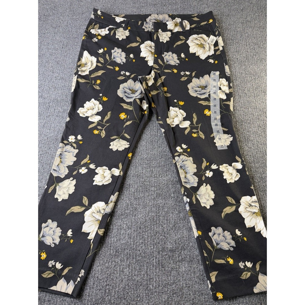 NWT Old Navy Pixie Ankle Pants Women 16 Black Floral Mid Rise Stretch Crop
